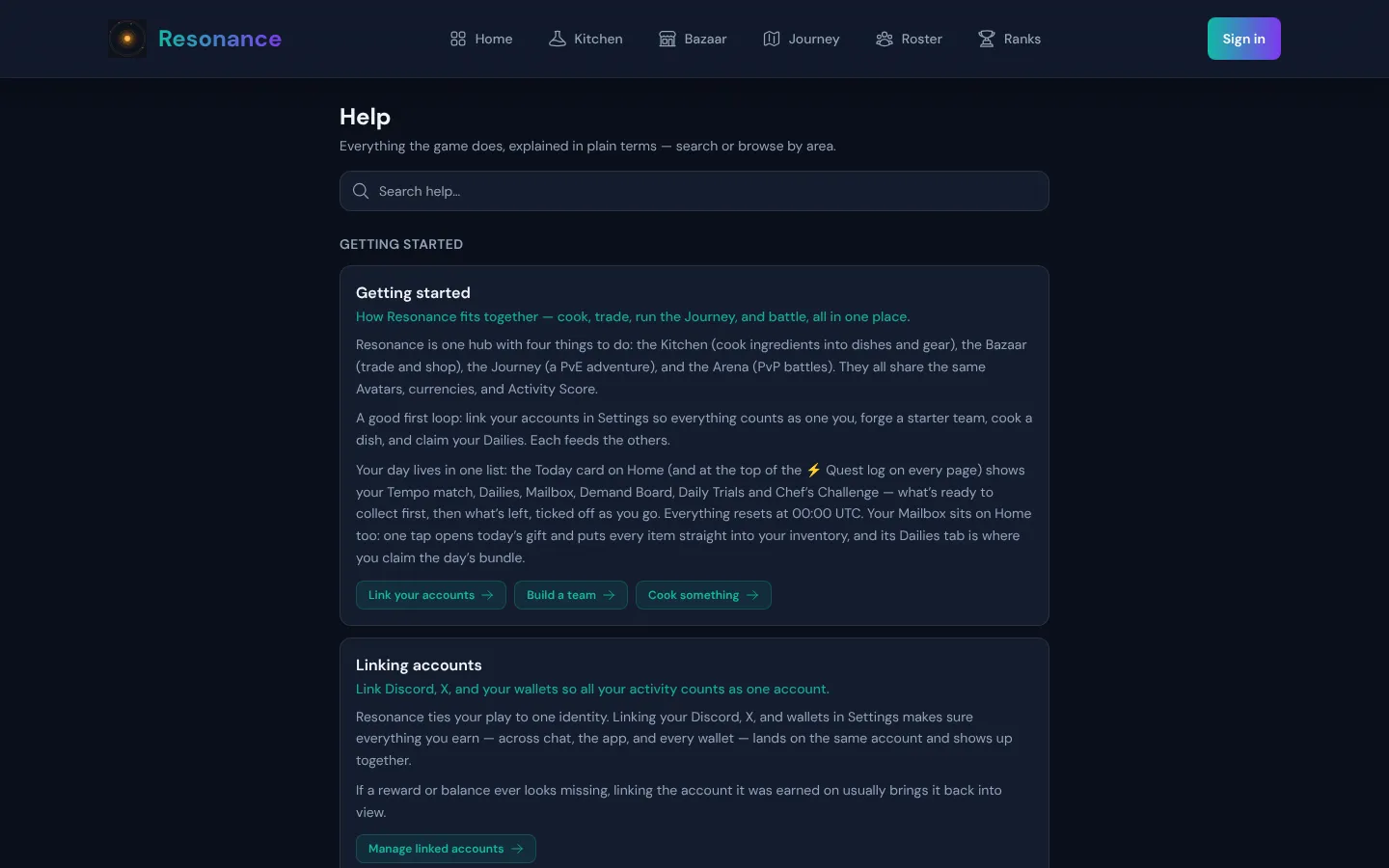 The in-app Help page of Resonance with search and action buttons