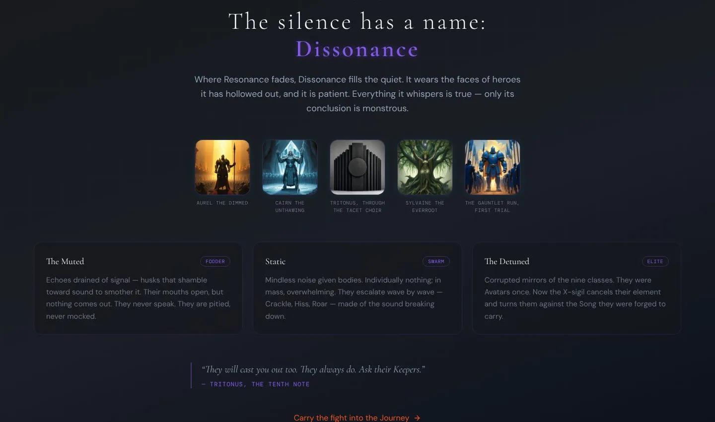 The Dissonance section of the Resonance site, showing the enemy factions and a quote from Tritonus